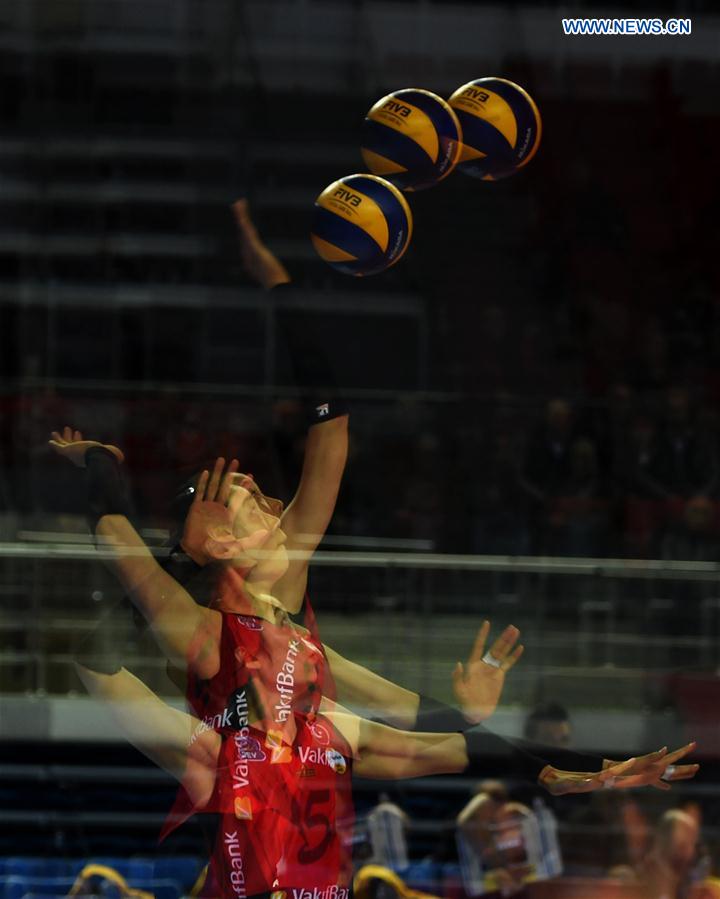 This multi-exposure photo shows Vakifbank's Zhu Ting serving during the Turkish Women Volleyball League match between Besiktas and Vakifbank in Istanbul, Turkey, on Feb. 15, 2017. 