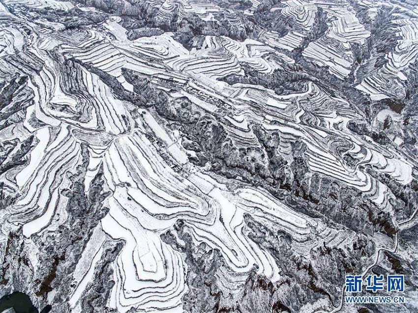 Snow-capped Loess Plateau resembles black-and-white photo