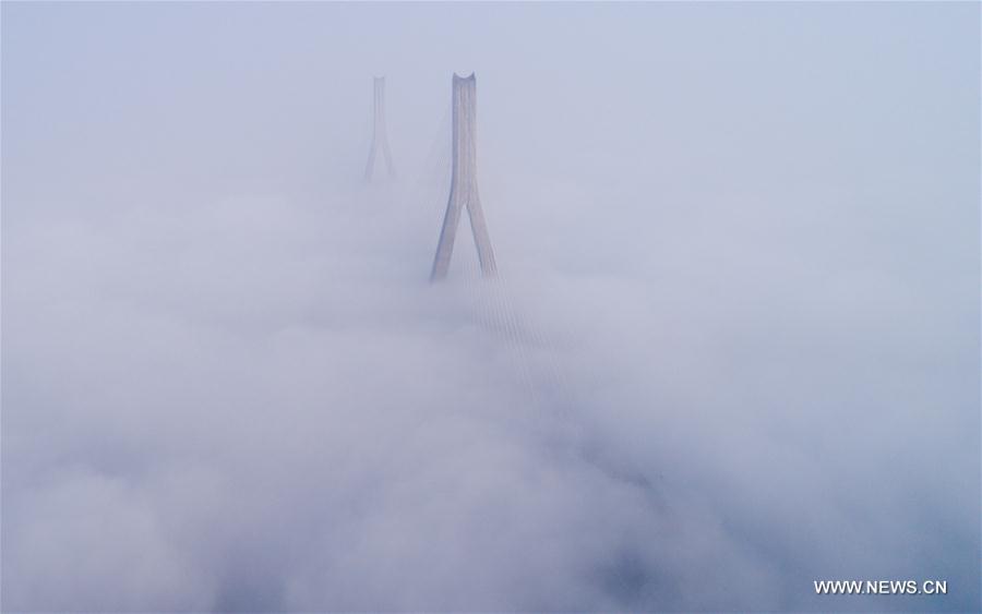 Tianxingzhou Bridge and surrounding buildings are enveloped by heavy fog in Wuhan, capital of central China's Hubei Province, March 7, 2017. 
