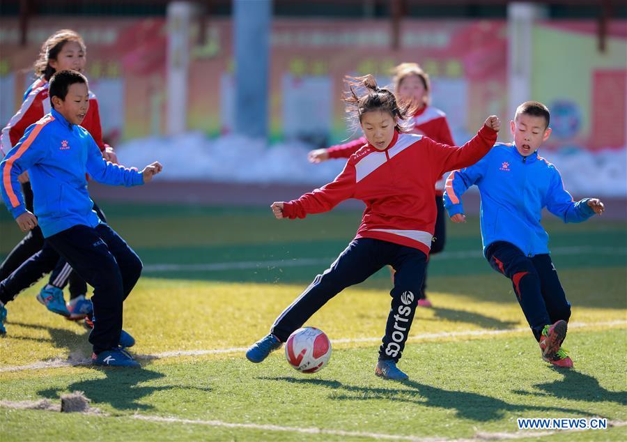 Primary school students participate in soccer training in N China