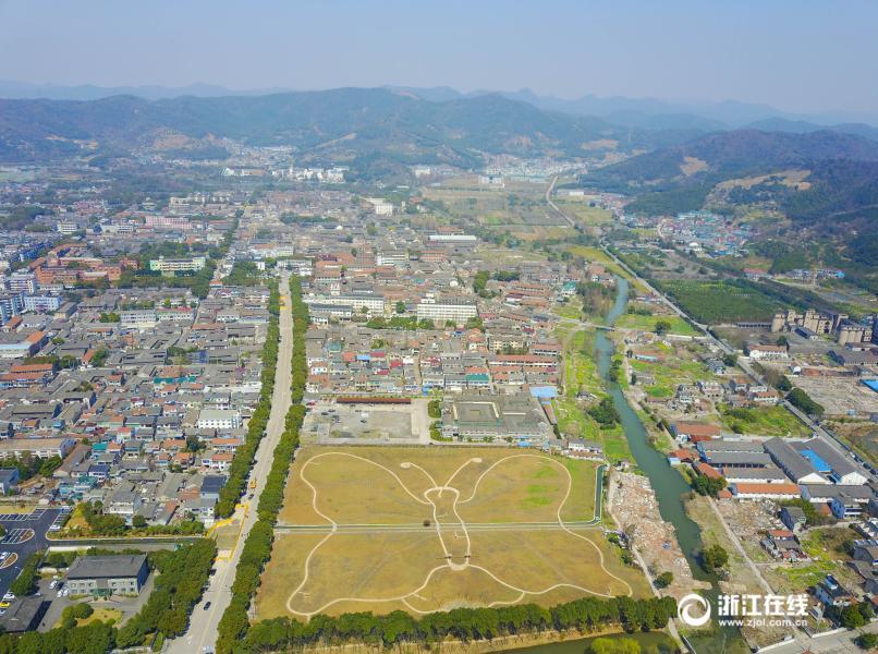 Aerial view of butterfly-shaped field in Zhejiang