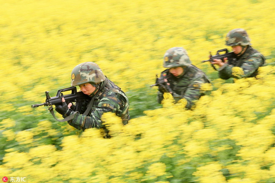 Armed police train in Jiangxi flower field