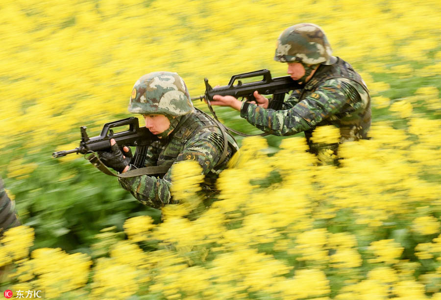 Armed police train in Jiangxi flower field