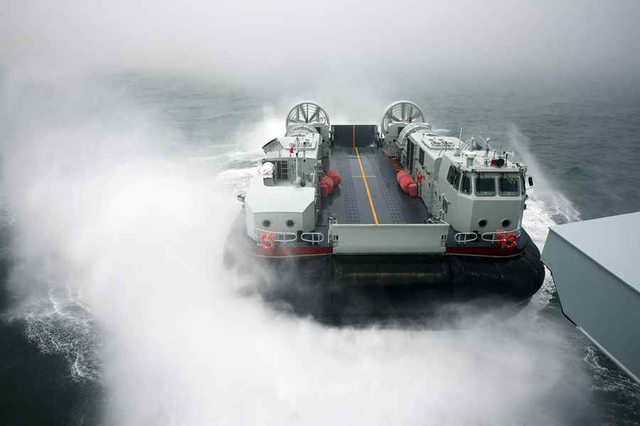 Air cushioned landing craft makes its way to beach-head