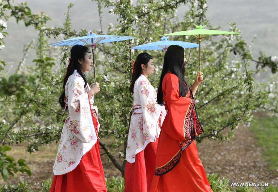 Girls present Han-style costumes in NW China's Gansu