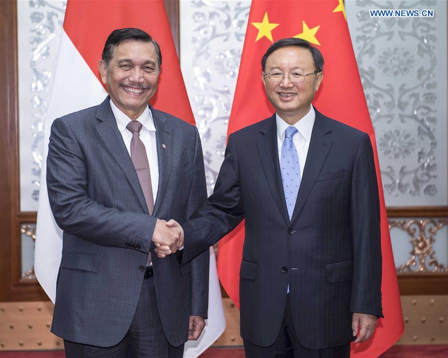 Chinese State Councilor Yang Jiechi (R) meets with Indonesia's Coordinating Minister for Maritime Affairs Luhut Pandjaitan, who is here to attend the Belt and Road Forum (BRF) for International Cooperation, in Beijing, capital of China, May 13, 2017. (Xinhua/Li Tao)