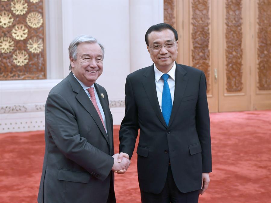 Chinese Premier Li Keqiang (R) meets with UN Secretary-General Antonio Guterres, who is in Beijing for the Belt and Road Forum (BRF) for International Cooperation, in Beijing, capital of China, May 15, 2017. (Xinhua/Zhang Duo)