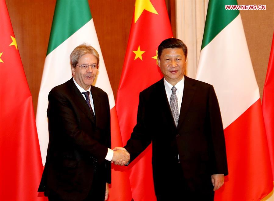 Chinese President Xi Jinping meets with Italian Prime Minister Paolo Gentiloni after the two-day Belt and Road Forum for International Cooperation in Beijing, capital of China, May 16, 2017. (Xinhua/Liu Weibing)
