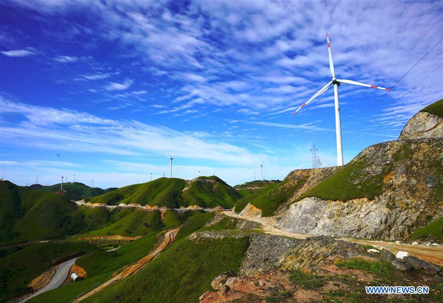 Wind power farms seen on Nanshan Mountain in China's Guangxi