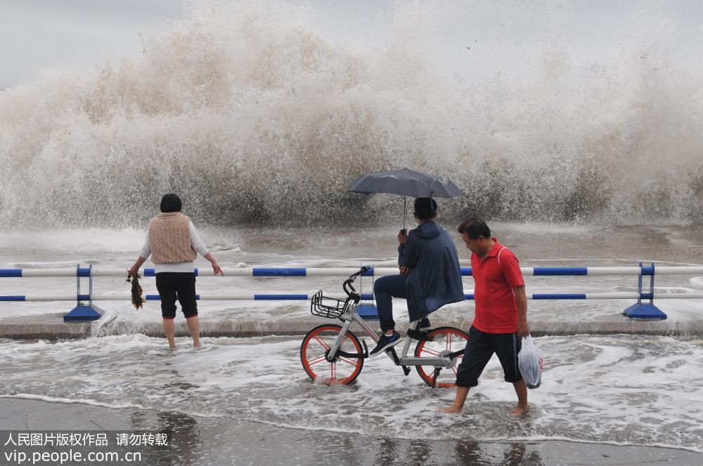 Tourists take risky photos with giant waves in Qingdao