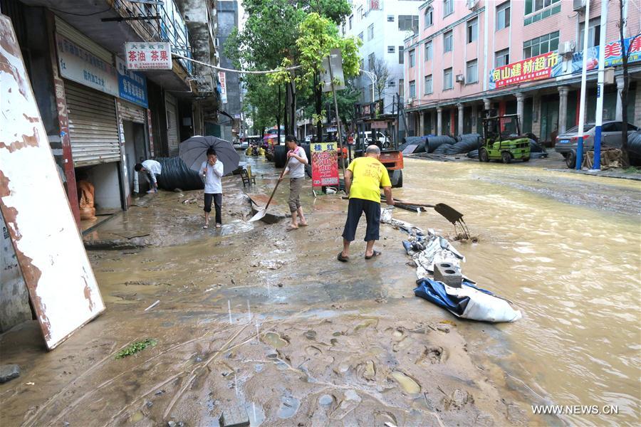 Torrential rain hits south China's county, causing flood