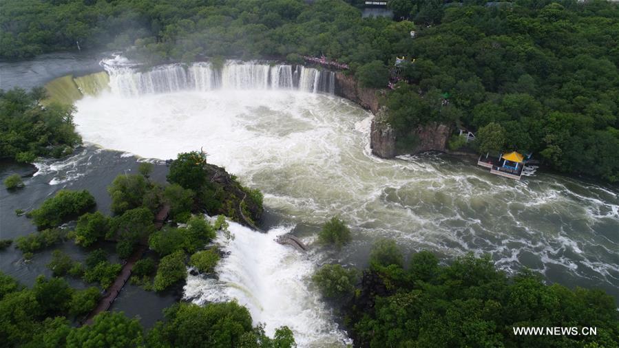 Beautiful scenery of Diaoshuilou Falls at Jingpo Lake in NE China