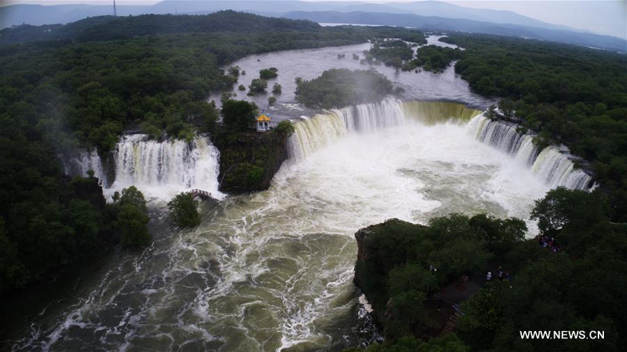 Beautiful scenery of Diaoshuilou Falls at Jingpo Lake in NE China