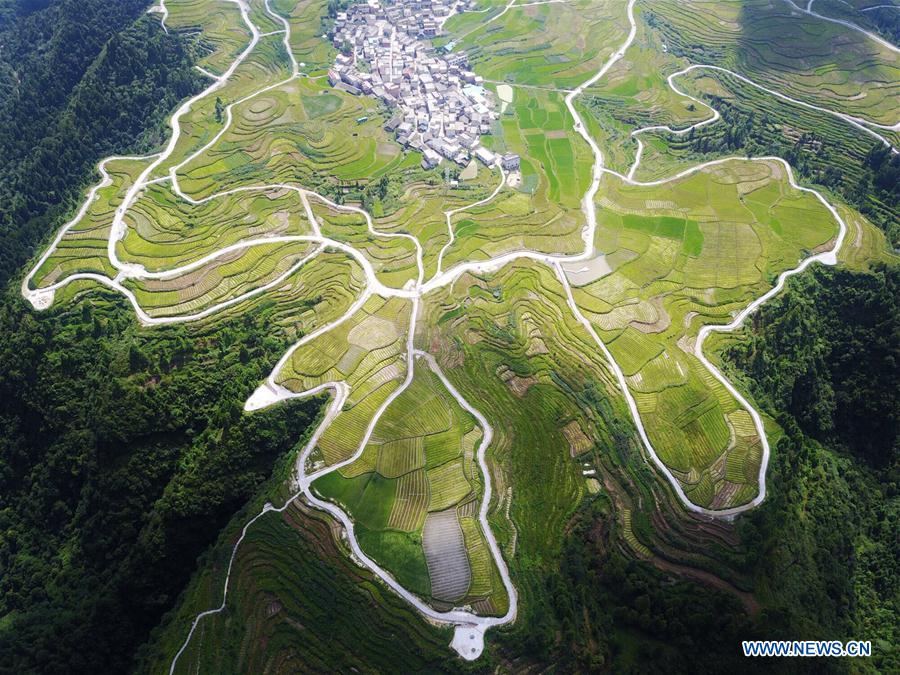 Bird's-eye view of farmland and villages in SW China's Guizhou