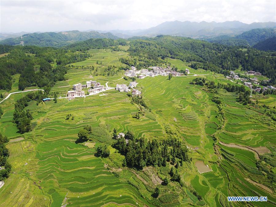 Bird's-eye view of farmland and villages in SW China's Guizhou