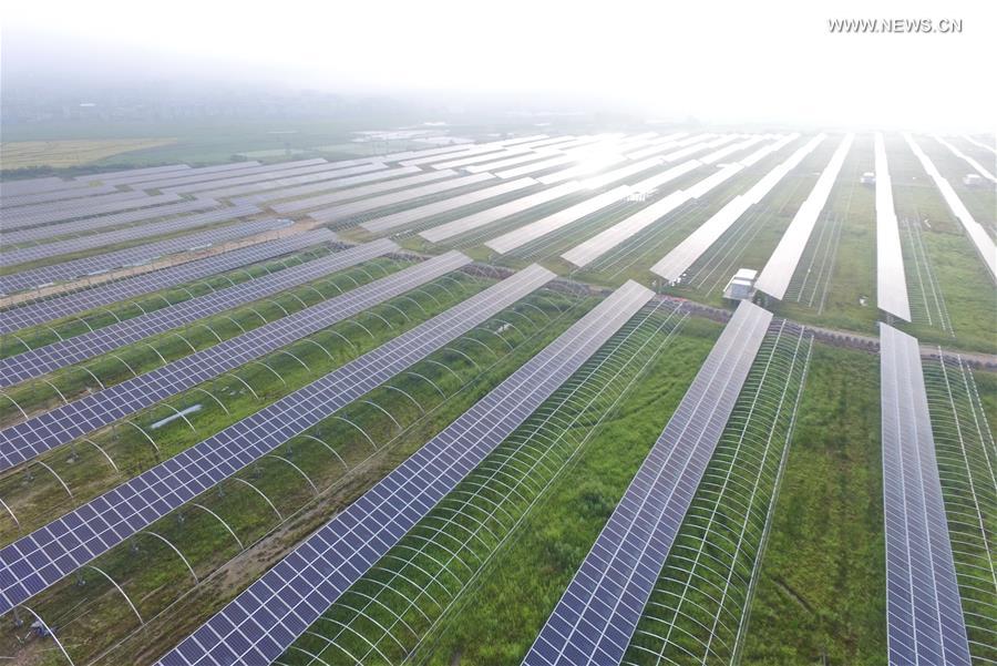 Photo taken on July 20, 2017 shows a general view of greenhouses equipped with solar panels in Zhenghe County, southeast China's Fujian Province. A photovoltaic agriculture model is benefiting the farmers as the local government makes efforts to develop a solar panel integrated greenhouse system that also serves as tourist attraction and electricity provider. (Xinhua/Lin Shanchuan)