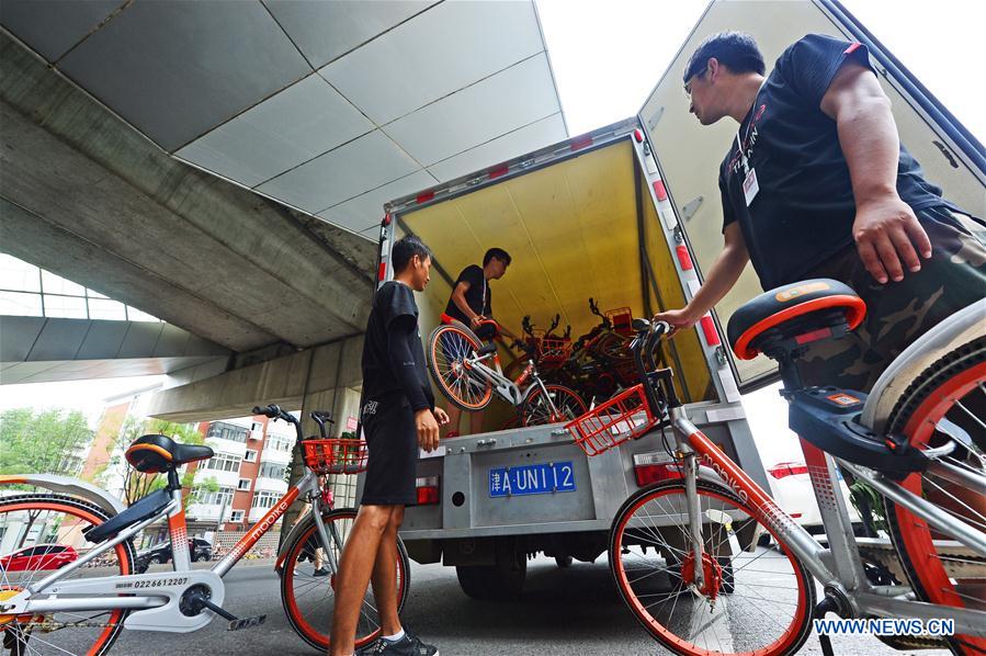 Dispatchers of shared bikes in China's Tianjin