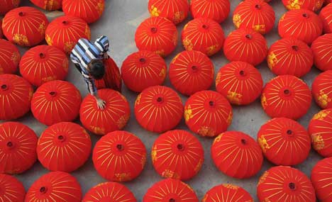 Red lanterns made for upcoming holidays in China