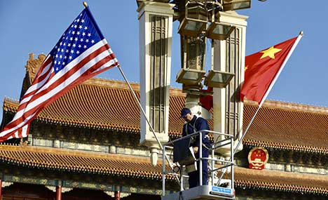 National flags of China, US fly along Chang'an Avenue 