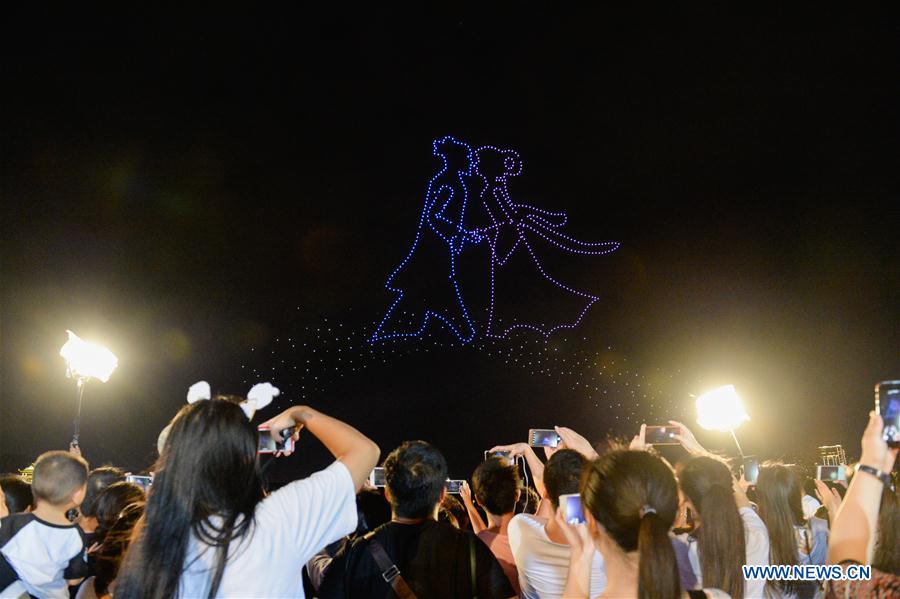 Drones perform light show to greet Qixi festival in Changsha, China's Hunan