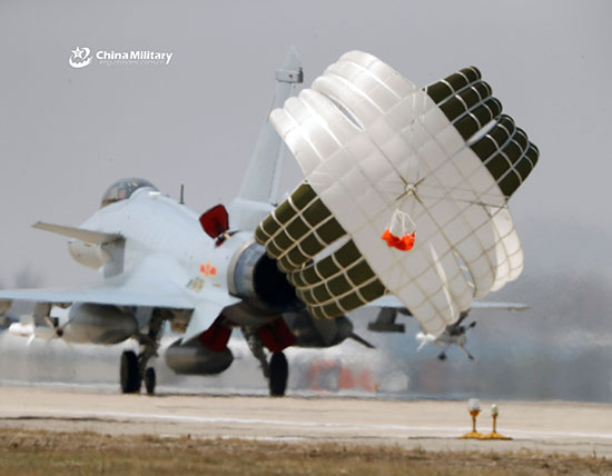 J-10 fighter jet deploys drogue parachute after landing