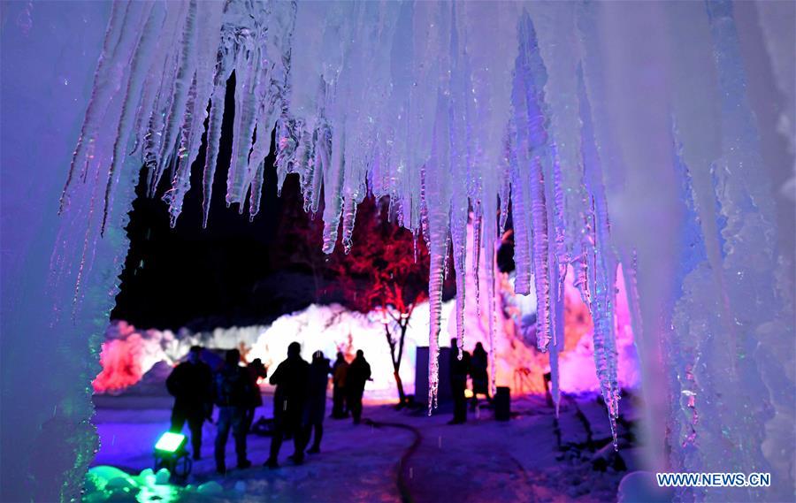 Scenery of frozen waterfall in Mimishui scenic spot in China's Hebei