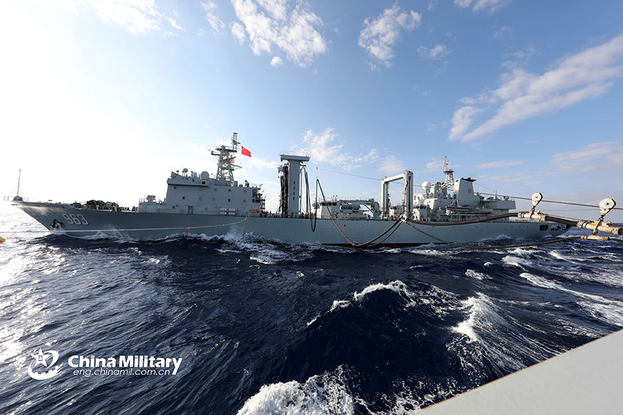 Supply ship Honghu conducts replenishment-at-sea