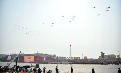 Flag-guarding echelon flying over Tian'anmen Square