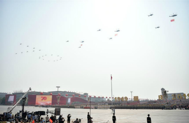 Military parade starts with flag-guarding echelon flying over Tian'anmen Square