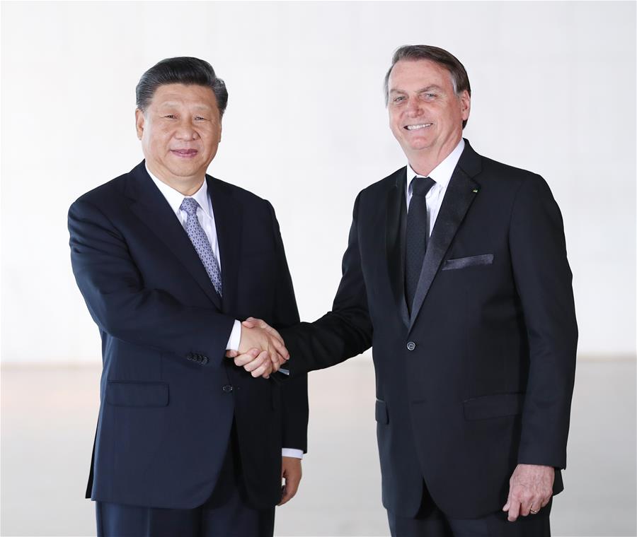 Chinese President Xi Jinping holds talks with Brazilian President Jair Bolsonaro in Brasilia, Brazil, Nov. 13, 2019. (Xinhua/Ding Haitao)
