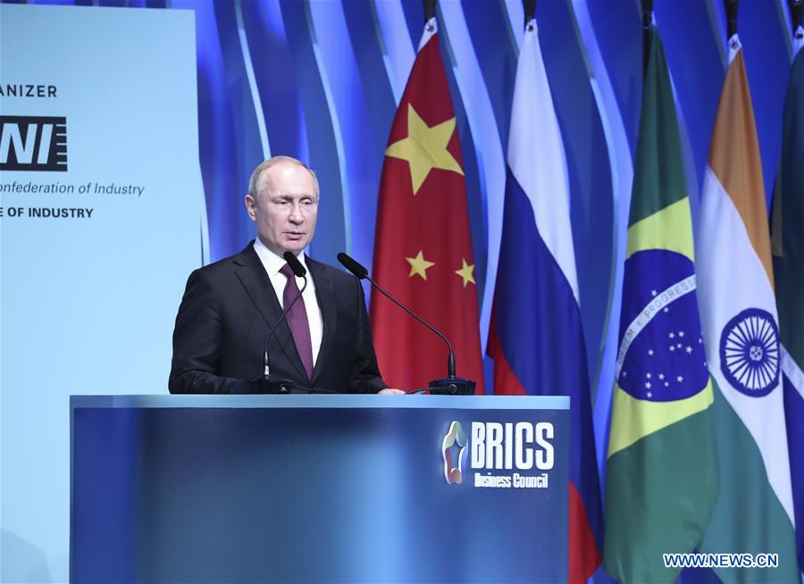 Russian President Vladimir Putin speaks at the closing ceremony of the BRICS business forum in Brasilia, Brazil, Nov. 13, 2019. (Xinhua/Lan Hongguang)