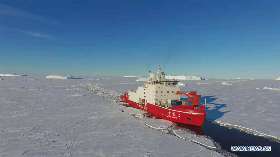China's polar icebreaker Xuelong 2 breaks ice in waters in Antarctica