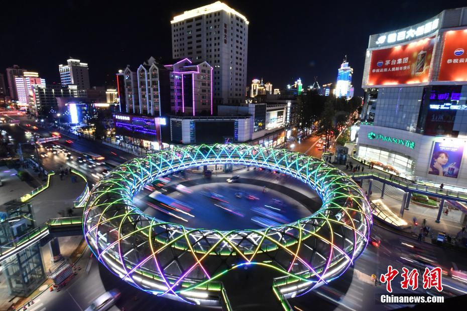 Donut-like overpass illuminates Kunming night sky