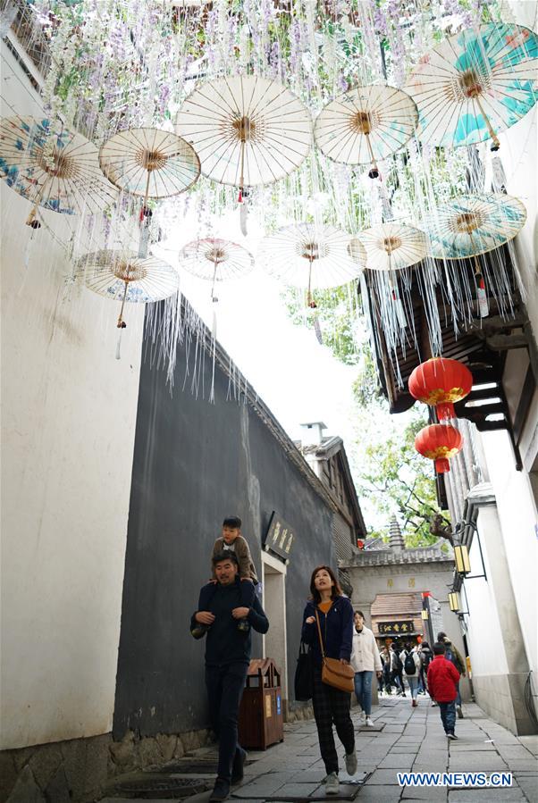 Historic street of SanfangQixiang in Fuzhou adorned with decorations to greet Spring Festival