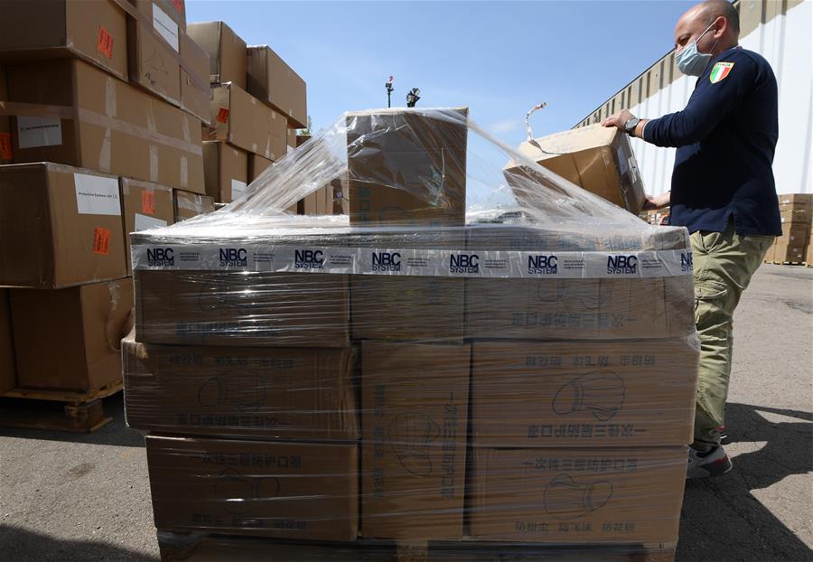 Medical supplies from China seen outside warehouse in Rome, Italy