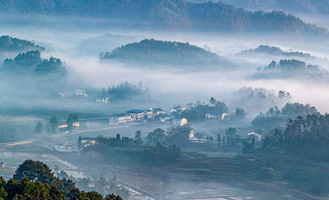 Village shrouded in advection fog in Chongqing