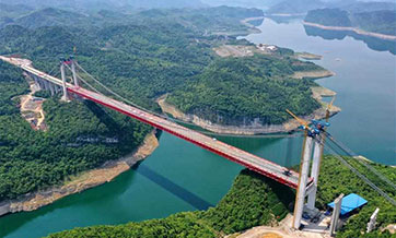 Feilonghu Wujiang River Bridge under construction in Guizhou, SW China