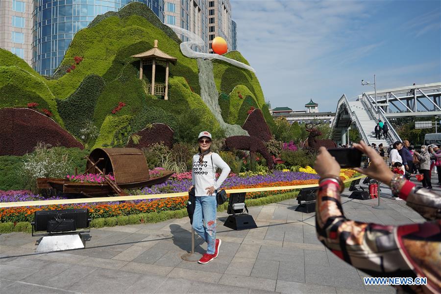 Flower decorations set up along Chang'an Avenue to celebrate Chinese National Day