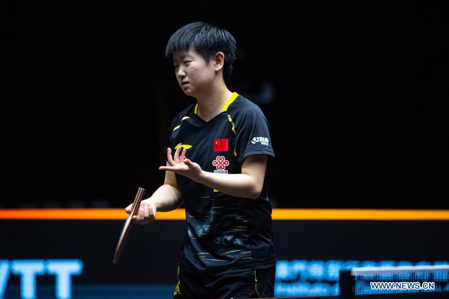 Sun Yingsha of China reacts during the women's singles semifinals against Wang Manyu of China at World Table Tennis (WTT) Macao 2020 Tournament in Macao, south China, Nov. 28, 2020. (Xinhua/Cheong Kam Ka)
