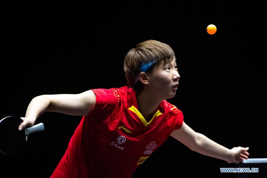 Wang Manyu of China serves the ball during the women's singles semifinals against Sun Yingsha of China at World Table Tennis (WTT) Macao 2020 Tournament in Macao, south China, Nov. 28, 2020. (Xinhua/Cheong Kam Ka)