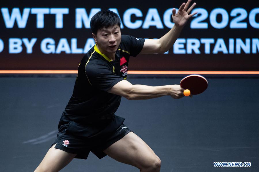 Ma Long of China returns the ball during the men's singles semifinals against Lin Gaoyuan of China at World Table Tennis (WTT) Macao 2020 Tournament in Macao, south China, Nov. 28, 2020. (Xinhua/Cheong Kam Ka)