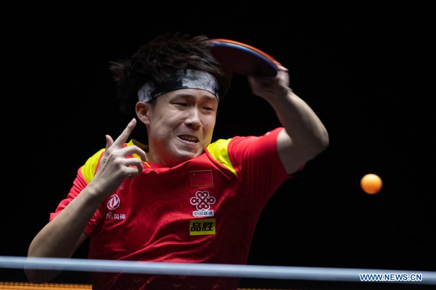 Wang Chuqin of China returns the ball during the men's singles semifinals against Mattias Falck of Sweden at World Table Tennis (WTT) Macao 2020 Tournament in Macao, south China, Nov. 28, 2020. (Xinhua/Cheong Kam Ka)