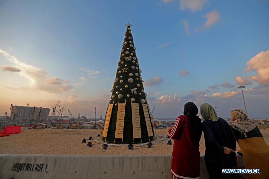 Christmas tree with names of victims in Beirut port blast seen in Lebanon