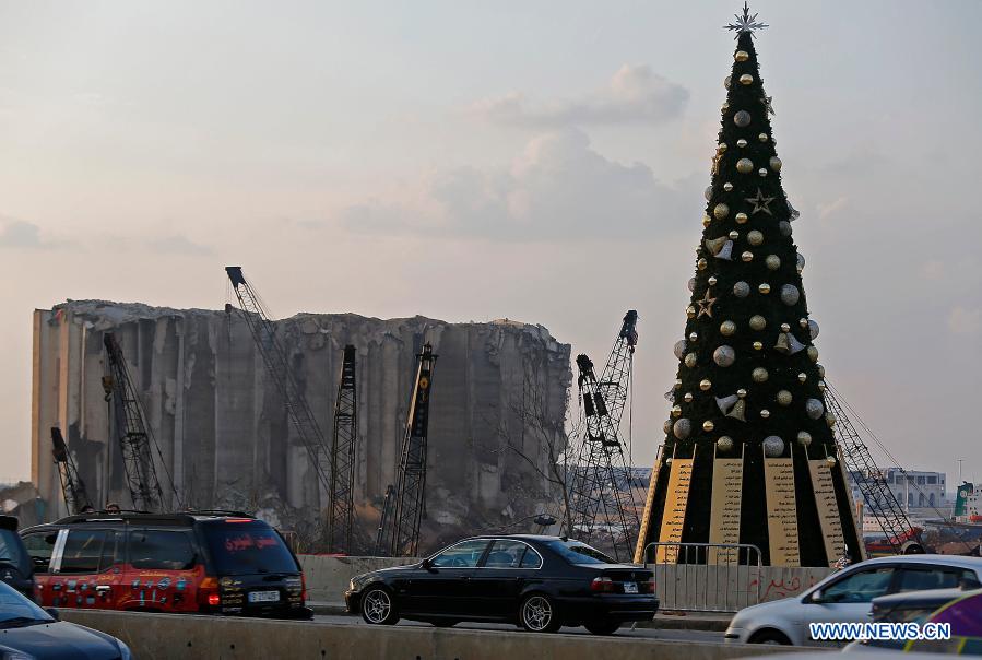 Christmas tree with names of victims in Beirut port blast seen in Lebanon