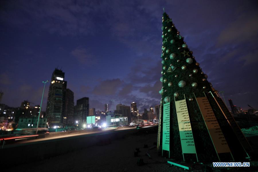Christmas tree with names of victims in Beirut port blast seen in Lebanon