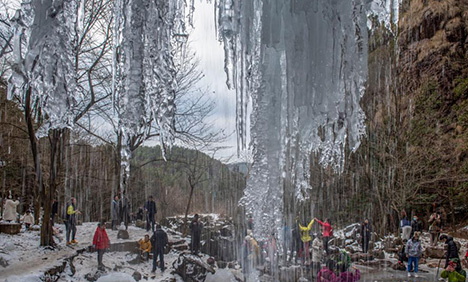 Frozen waterfall attracts people at Siming Mountain in E China