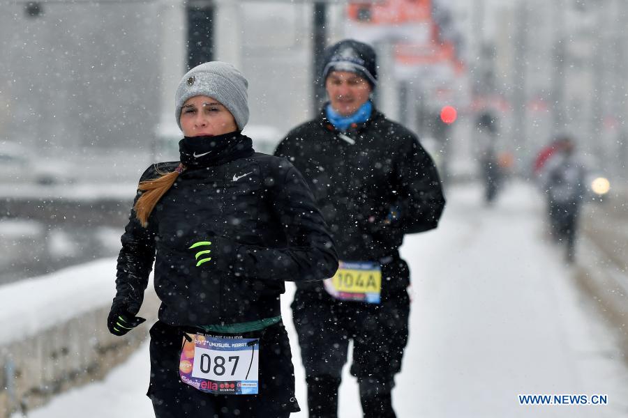 Contestants take part in marathon race in Sarajevo