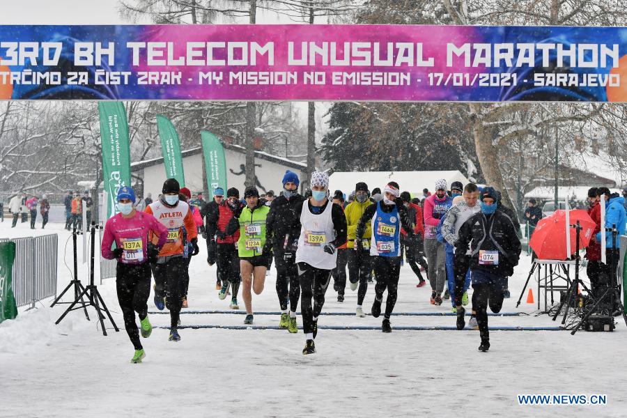 Contestants take part in marathon race in Sarajevo