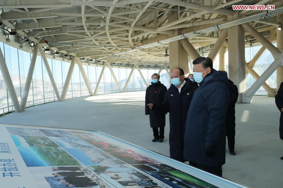 Chinese President Xi Jinping, also general secretary of the Communist Party of China Central Committee and chairman of the Central Military Commission, inspects the National Ski Jumping Center in Zhangjiakou, north China''s Hebei Province, Jan. 19, 2021. Xi on Tuesday arrived in Zhangjiakou by taking the Beijing-Zhangjiakou high-speed rail. He inspected the Taizicheng rail station close to the competition venues and athletes'' village of the Beijing 2022 Olympic and Paralympic Winter Games, the National Ski Jumping Center, and the National Biathlon Center. (Xinhua/Ju Peng)