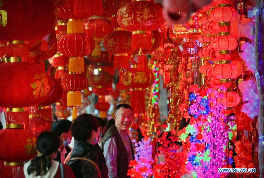 People buy new year decorations at market in Haikou, S China